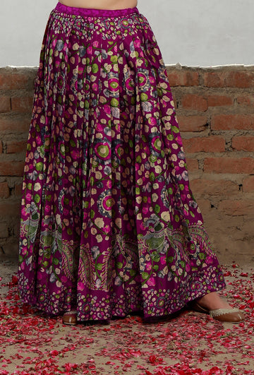 Plum Kalamkari Printed Cotton Silk Pleated Long Skirt